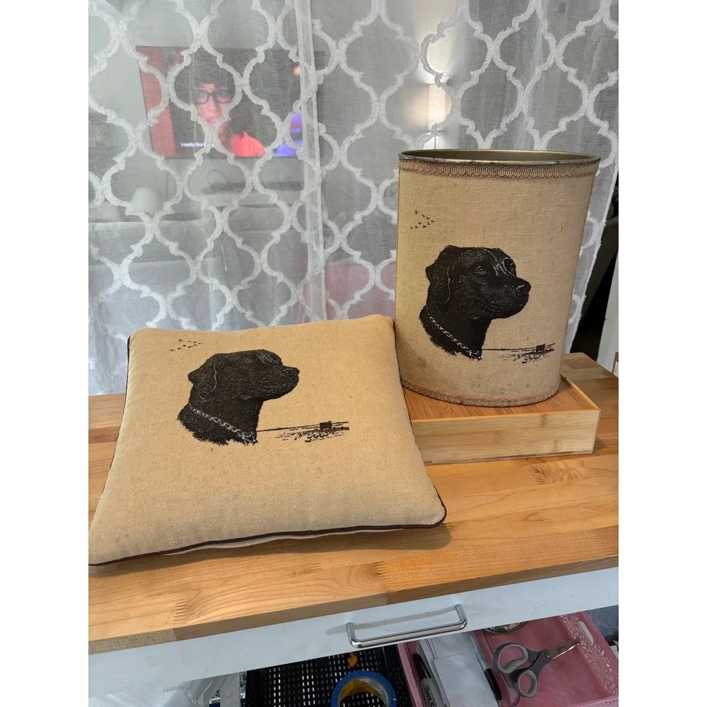 Vintage Black Labrador Dog Wastebasket and Pillow Set Burlap Style Home Decor